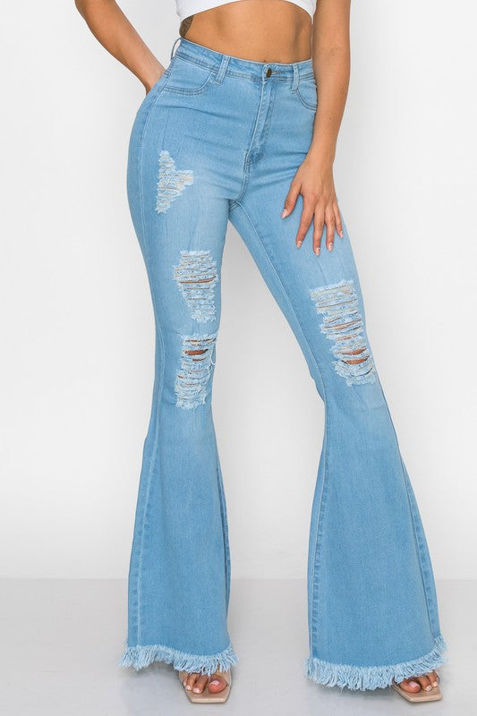 Flotto - High Waist Distressed Trim Bell Bottom Jeans