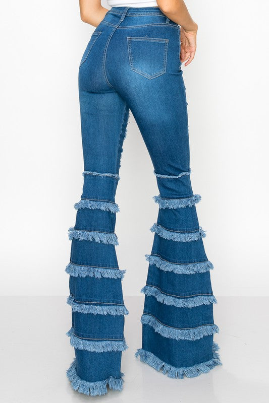 Top Tier Distressed High Waisted Wide Leg Jeans with Fringe
