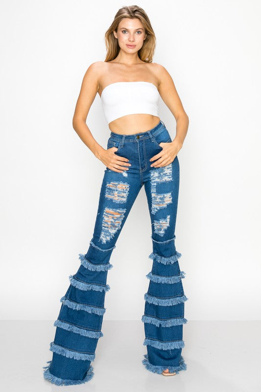 Top Tier Distressed High Waisted Wide Leg Jeans with Fringe